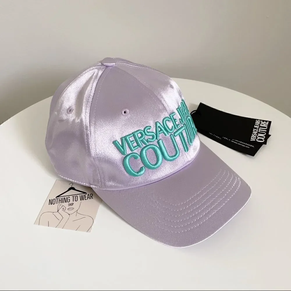 ⭕️ VERSACE JEANS Cap Hat Satin Designer Purple Turquoise Logo